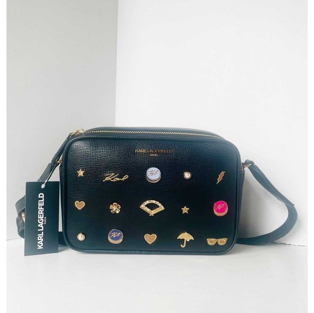 Karl Lagerfeld Maybelle Black Crossbody Gold Glitter Ikons Pins Bag